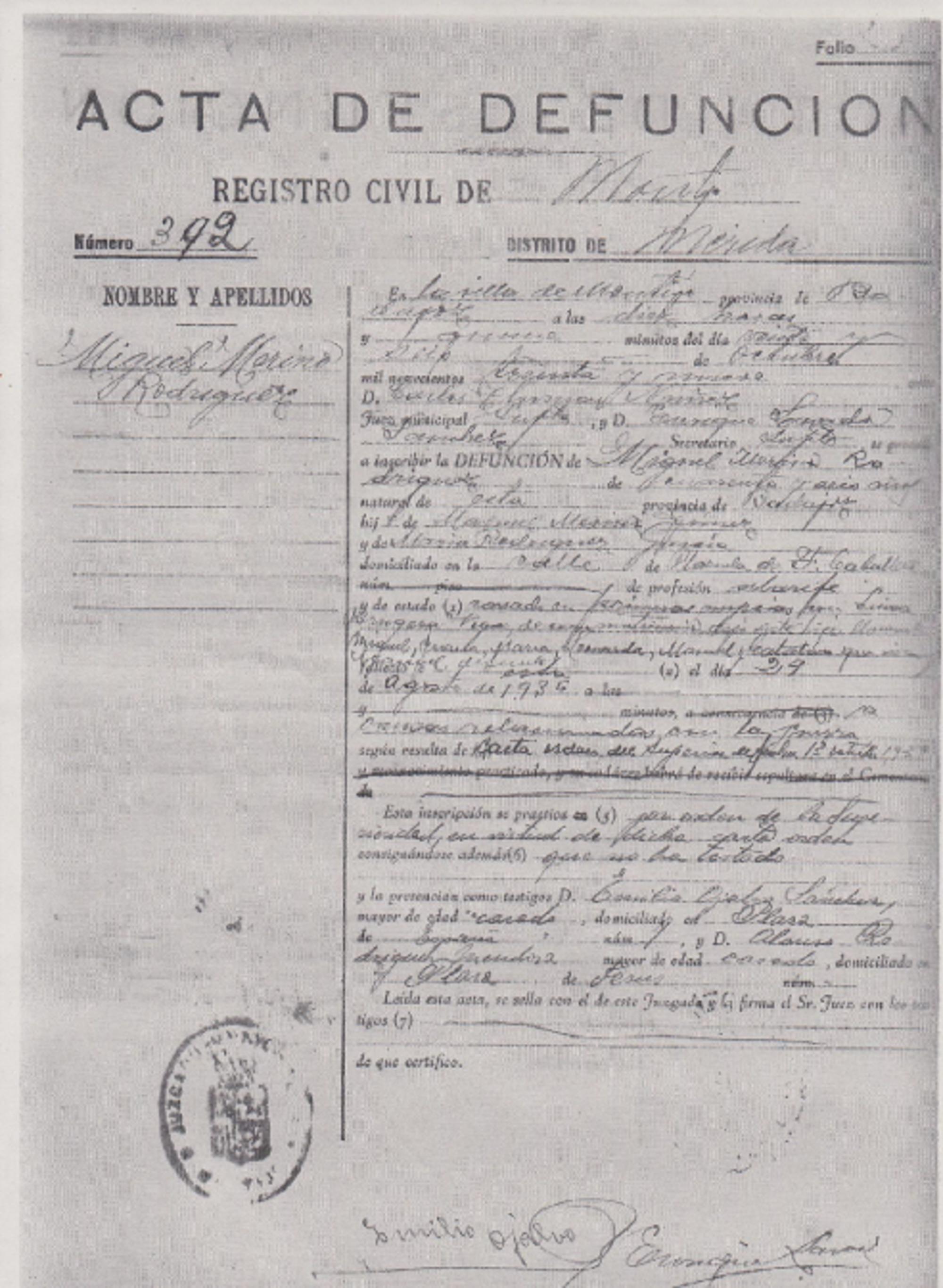 Acta de defunción de Miguel Merino